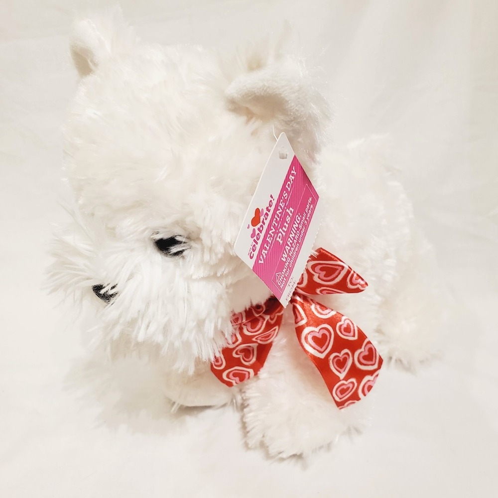 Walmart Plush White Fluffy Dog Scottie Type Red‎ Valentine Heart Bow